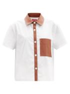 Matchesfashion.com Staud - Anton Faux-leather Trim Stretch-poplin Shirt - Womens - White