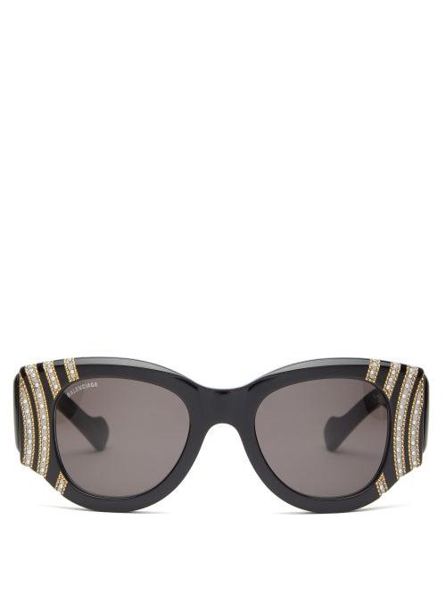 Matchesfashion.com Balenciaga - Crystal And Chain Bead Round Acetate Sunglasses - Womens - Black Gold
