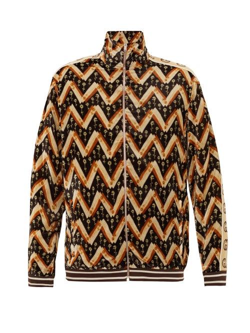 Matchesfashion.com Gucci - Gg-logo Daisy Chevron-print Velvet Track Jacket - Mens - Brown Multi