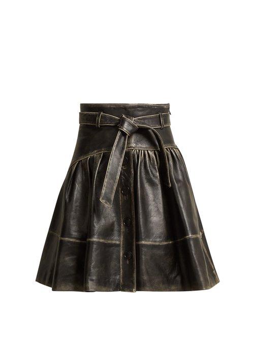 Matchesfashion.com Miu Miu - Distressed Leather A Line Skirt - Womens - Black