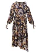 Matchesfashion.com Zimmermann - Sabotage Asymmetric Floral Print Silk Blend Dress - Womens - Blue Print