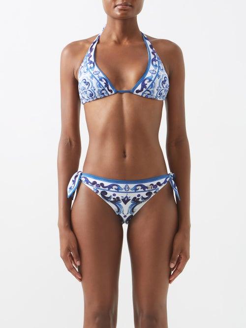Dolce & Gabbana - Majolica-print Tie-side Bikini - Womens - Blue White
