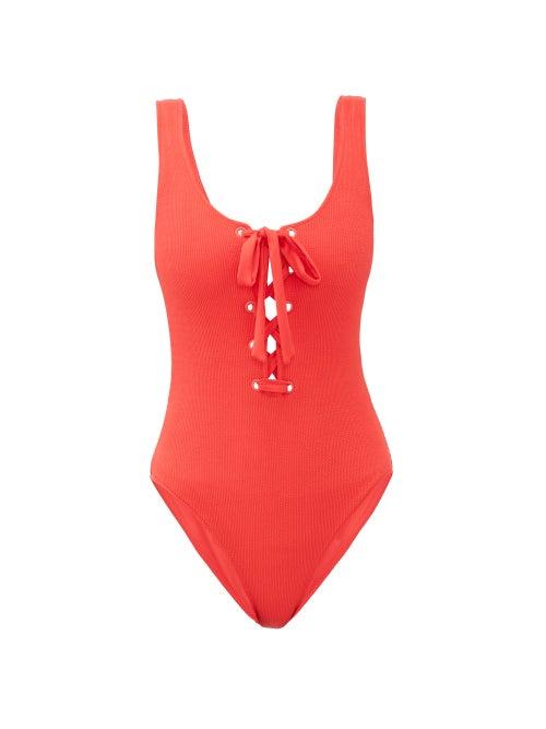 Matchesfashion.com Ganni - Laced-up Ribbed Swimsuit - Womens - Red