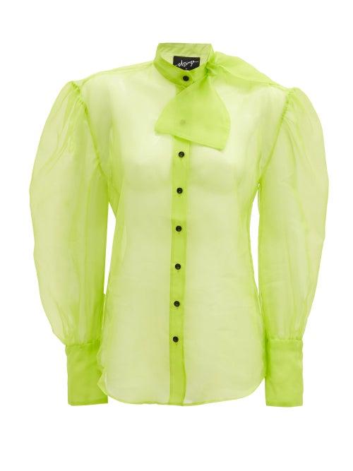 Matchesfashion.com Elzinga - Neck-tie Silk-organza Blouse - Womens - Green