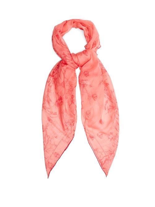 Matchesfashion.com Alexander Mcqueen - Skull And Floral Print Silk Scarf - Womens - Pink