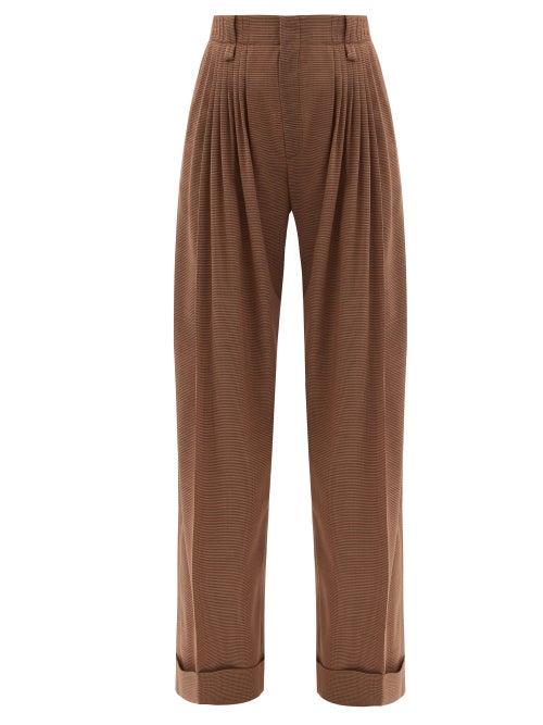 Matchesfashion.com Chlo - Pleated Houndstooth Wool-flannel Wide-leg Trousers - Womens - Light Brown