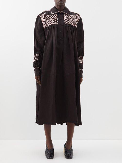 Jil Sander - Embroidered Shirred Dress - Womens - Black