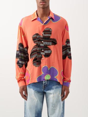 Erl - Floral-appliqu Crepe Shirt - Mens - Orange