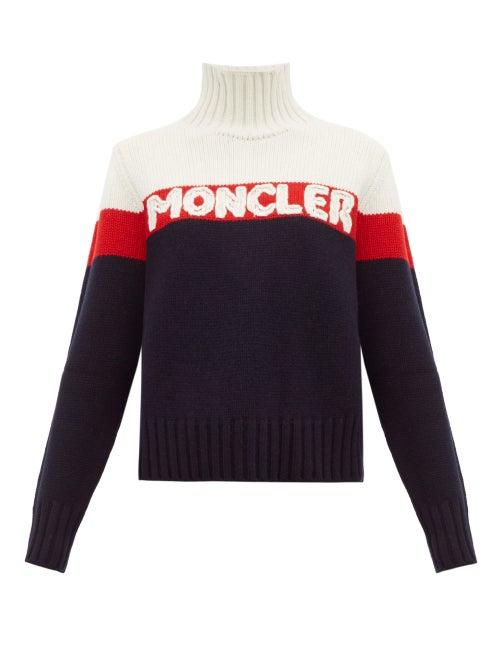 Matchesfashion.com Moncler - Logo Jacquard Striped Wool Blend Sweater - Womens - Cream Multi