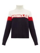 Matchesfashion.com Moncler - Logo Jacquard Striped Wool Blend Sweater - Womens - Cream Multi