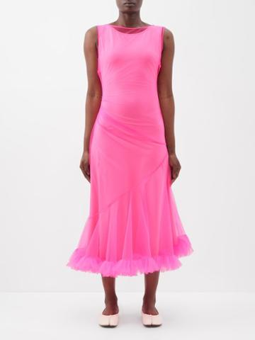 Molly Goddard - Jaz Ruffle-trim Tulle Midi Dress - Womens - Neon Pink