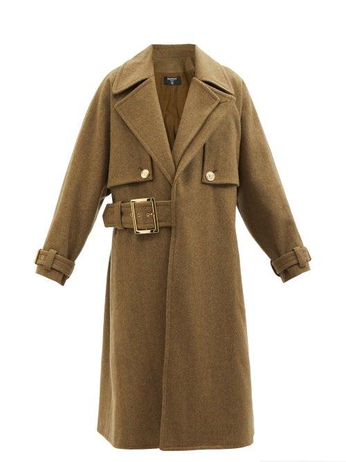 Balmain - Buckled-waist Felted-wool Coat - Womens - Khaki