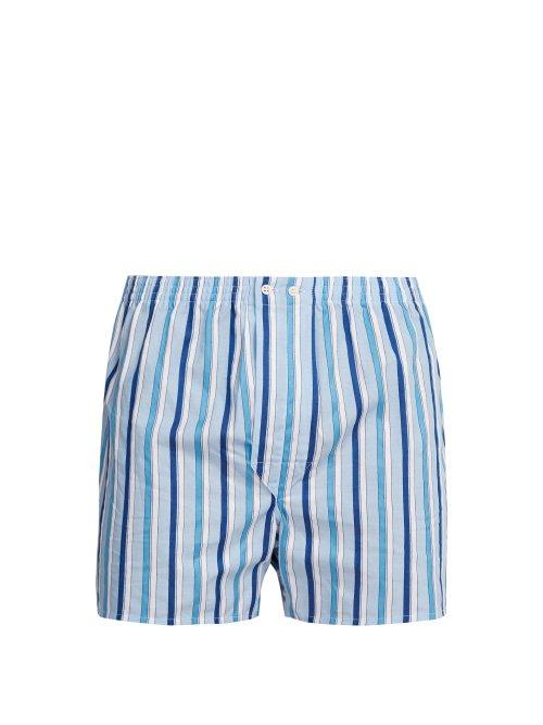 Matchesfashion.com Derek Rose - Stowe Striped Cotton Satin Boxer Shorts - Mens - Blue