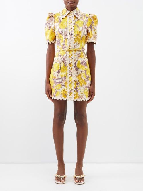 Zimmermann - High Tide Ric-rac Trimmed Linen Dress - Womens - Yellow Print
