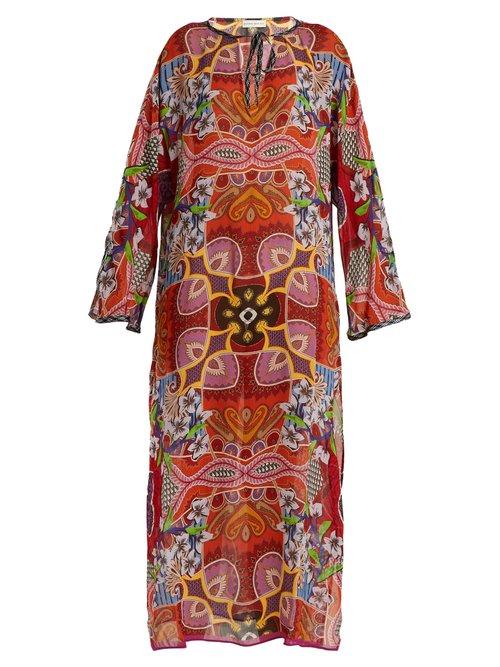 Matchesfashion.com Etro - Graphic Floral Print Tie Neck Chiffon Kaftan - Womens - Pink Multi