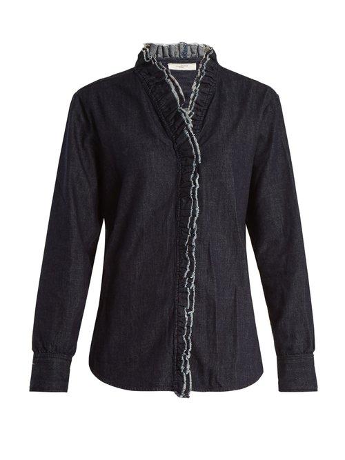 Matchesfashion.com Isabel Marant Toile - Wendy Ruffle Trimmed Chambray Shirt - Womens - Dark Blue