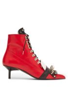 Matchesfashion.com Marques'almeida - Spike Embellished Lace Up Kitten Heel Boots - Womens - Black Red