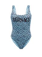 Versace - La Greca-print Scoop-neck Swimsuit - Womens - Blue Black