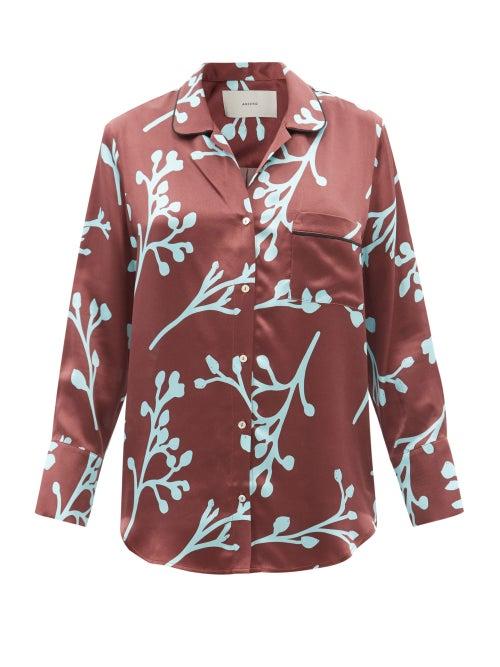 Ladies Lingerie Asceno - Paris Floral-print Silk Pyjama Shirt - Womens - Red Multi