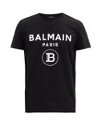 Matchesfashion.com Balmain - Flocked-logo Cotton-jersey T-shirt - Mens - Black