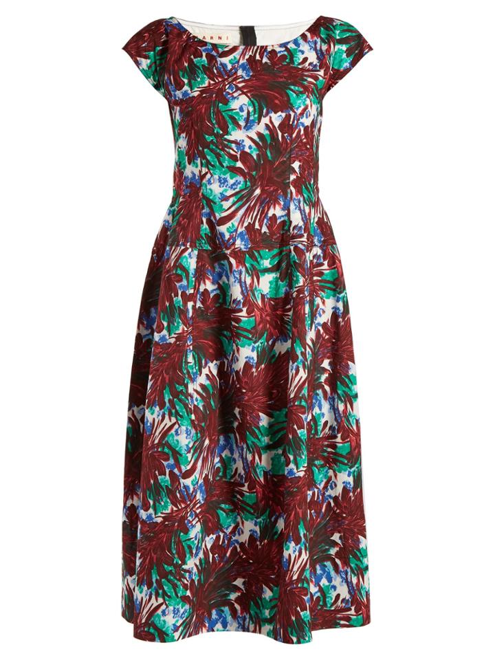 Marni Boat-neck Leaf-print Midi Dress