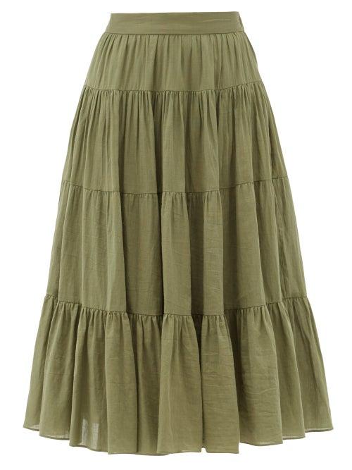 Matchesfashion.com Loup Charmant - Fontelli Tiered Organic-cotton Midi Skirt - Womens - Green