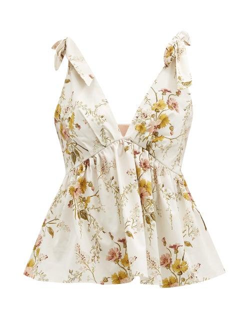 Matchesfashion.com Brock Collection - Tie-shoulder Floral-print Cotton-blend Poplin Top - Womens - Cream Multi