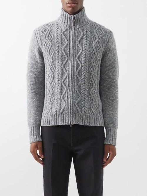 Inis Mein - Zipped Aran Merino-blend Cardigan - Mens - Grey