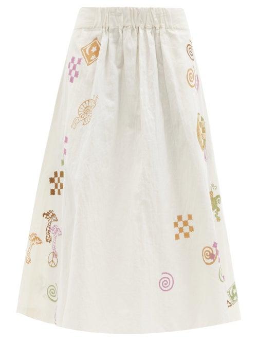 Matchesfashion.com Story Mfg. - Todash Spiral Trip-print Cotton-blend Midi Skirt - Womens - Ivory
