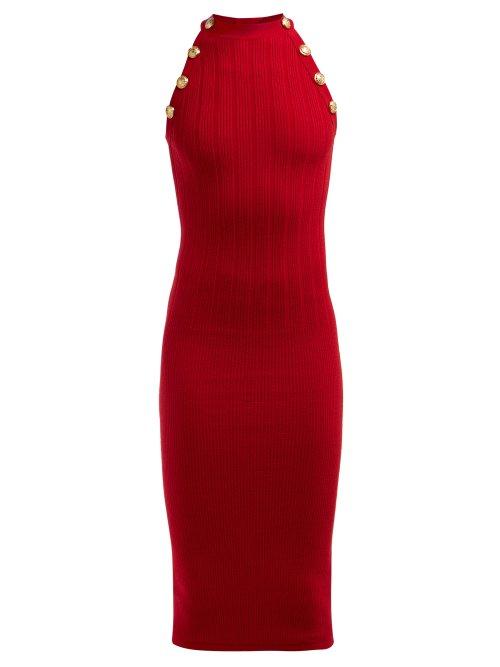 Matchesfashion.com Balmain - Halterneck Wool Blend Dress - Womens - Red