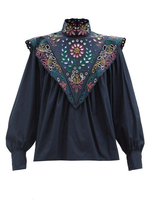 Chlo - Broderie-anglaise Ruffled Cotton Top - Womens - Navy