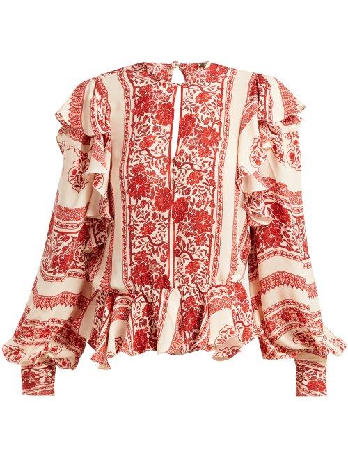 Matchesfashion.com Johanna Ortiz - Zen Of The Soul Ruffle Trim Silk Blouse - Womens - Red Multi