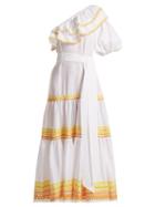 Matchesfashion.com Lisa Marie Fernandez - Arden One Shoulder Ric Rac Trim Dress - Womens - White Multi
