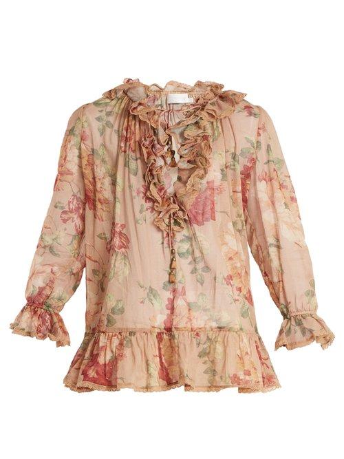 Matchesfashion.com Zimmermann - Corsair Floral Print Ruffle Trimmed Blouse - Womens - Beige Multi