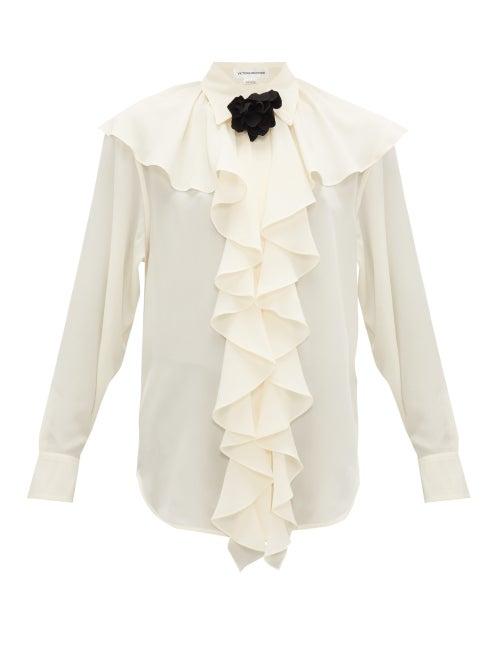 Matchesfashion.com Victoria Beckham - Corsage-brooch Ruffled Silk Blouse - Womens - Ivory