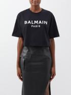Balmain - Logo-print Cropped Organic Cotton T-shirt - Womens - Black White