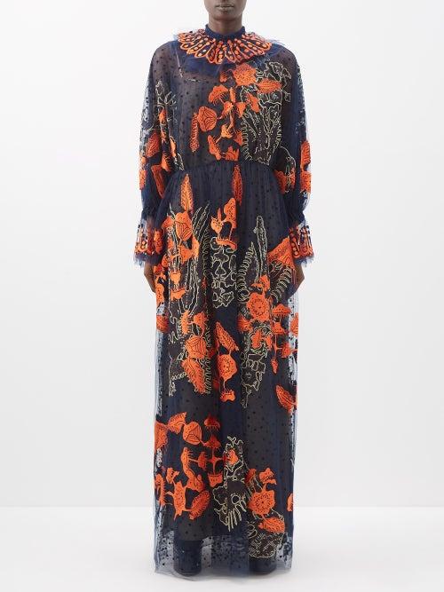 Biyan - Imortelle Embroidered Flocked Tulle Dress - Womens - Navy Orange