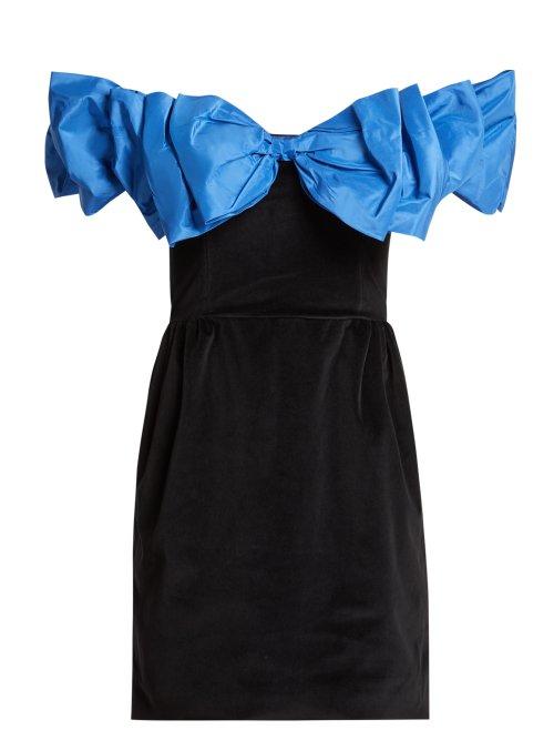 Matchesfashion.com Isa Arfen - Bow Wow Off The Shoulder Velvet Mini Dress - Womens - Black Blue