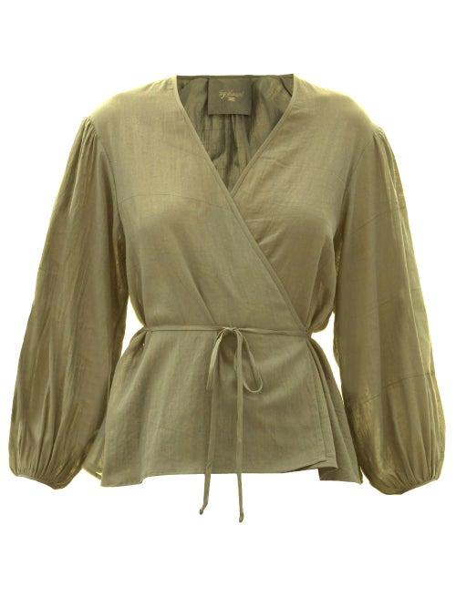 Matchesfashion.com Loup Charmant - Eloise Balloon-sleeve Organic-cotton Wrap Blouse - Womens - Green