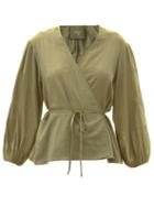 Matchesfashion.com Loup Charmant - Eloise Balloon-sleeve Organic-cotton Wrap Blouse - Womens - Green