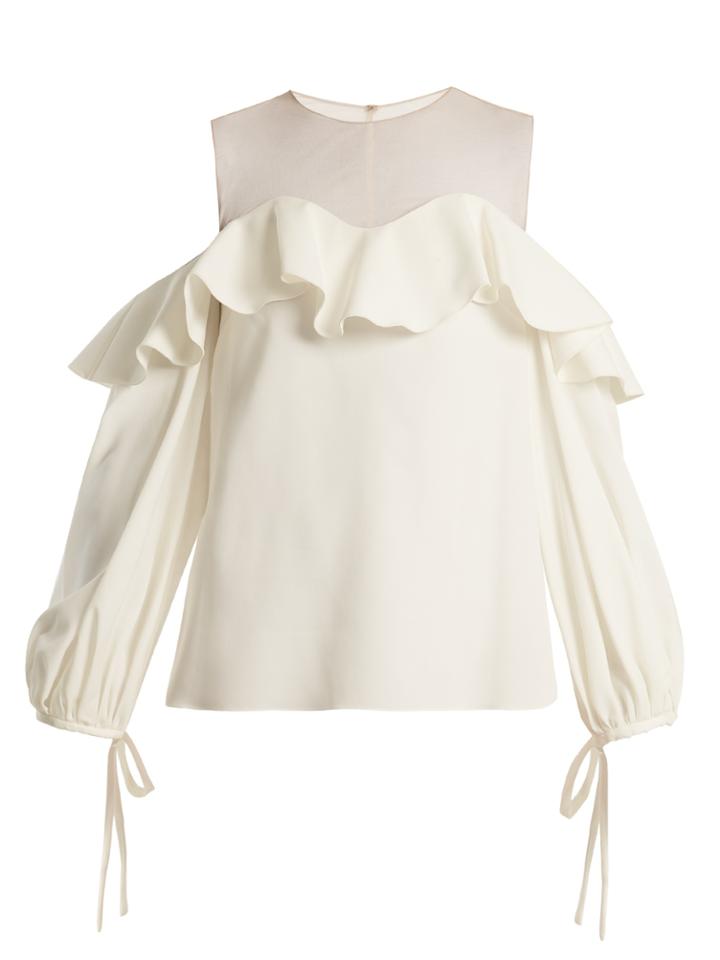 Oscar De La Renta Mesh-yoke Cut-out Shoulder Silk-blend Top