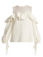 Oscar De La Renta Mesh-yoke Cut-out Shoulder Silk-blend Top