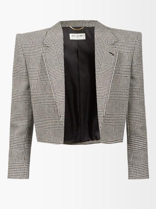 Saint Laurent - Cropped Buttonless Check Blazer - Womens - Black White