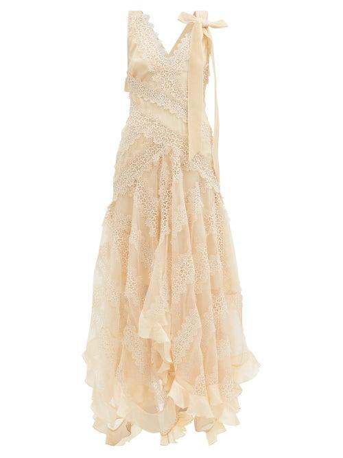 Matchesfashion.com Zimmermann - Charm Star V-neck Lace-panelled Silk Dress - Womens - Ivory