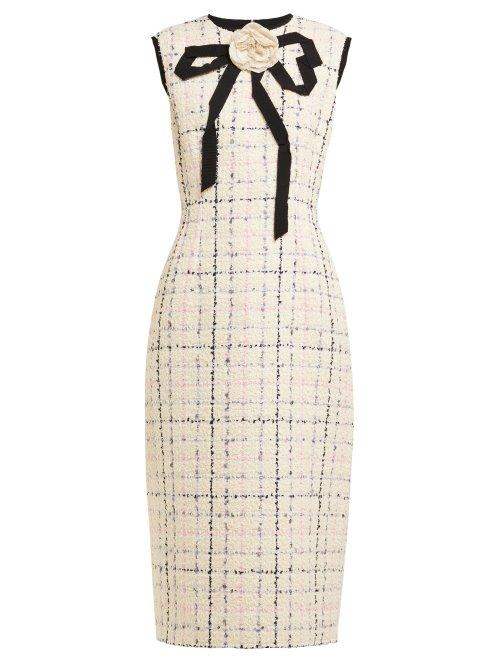 Matchesfashion.com Gucci - Grosgrain Bow Cotton Blend Boucl Tweed Dress - Womens - Ivory Multi