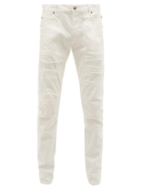Matchesfashion.com Balmain - Destroyed Denim Slim Leg Jeans - Mens - White
