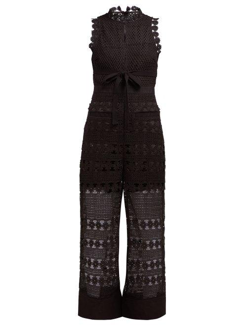 Matchesfashion.com Self-portrait - Floral Crochet Tie Waist Jumpsuit - Womens - Black
