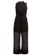 Matchesfashion.com Self-portrait - Floral Crochet Tie Waist Jumpsuit - Womens - Black