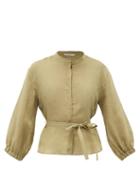 Matchesfashion.com Three Graces London - Haddie Belted Ramie Blouse - Womens - Khaki