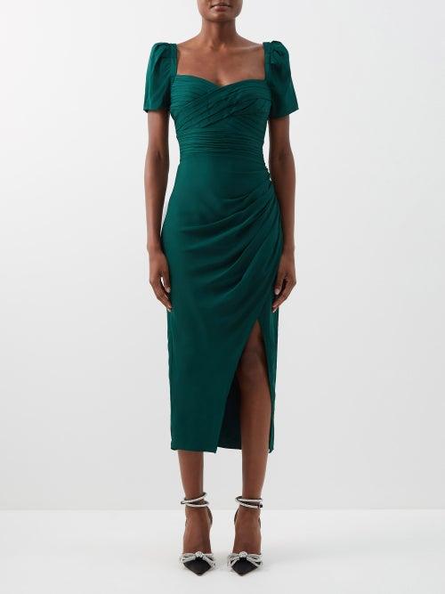 Self-portrait - Sweetheart-neckline Ruched Twill Midi Dress - Womens - Dark Green
